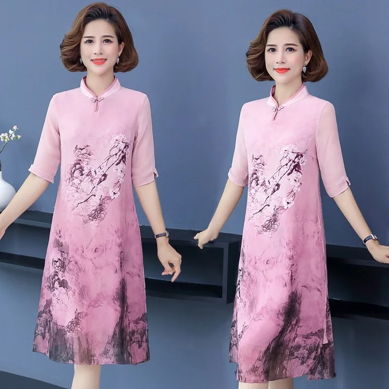 

Womens Retro Improved Cheongsam Loose Ladies Dress Chiffon Chinese Stand Collar Flower half sleeve Mid-Calf Dress