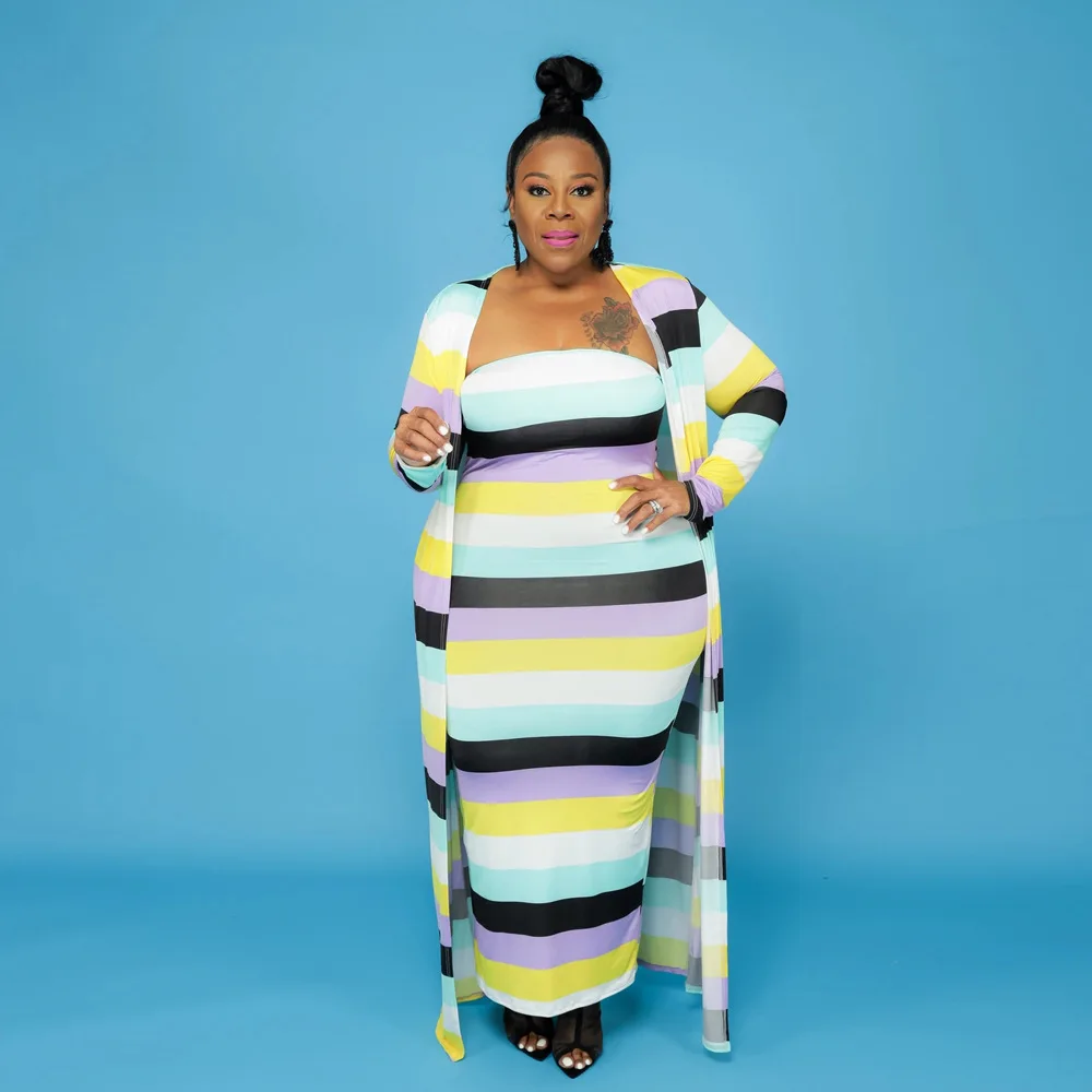 Plus Size Sets Striped Colorful Long Sleeve Long Coat and Wrapped Breast Skirt Slim Two Piece Set Women Dresses for Women 2022
