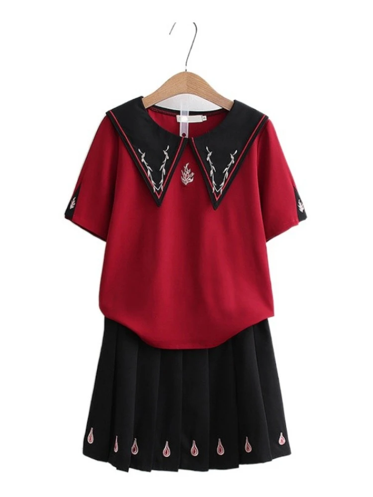 

Women Floral Embroidery Dress Sets 2022 Summer Short Sleeve T-shirt and Hight Waist Pleated Skirts Ladies 2 Piece Set Clothes