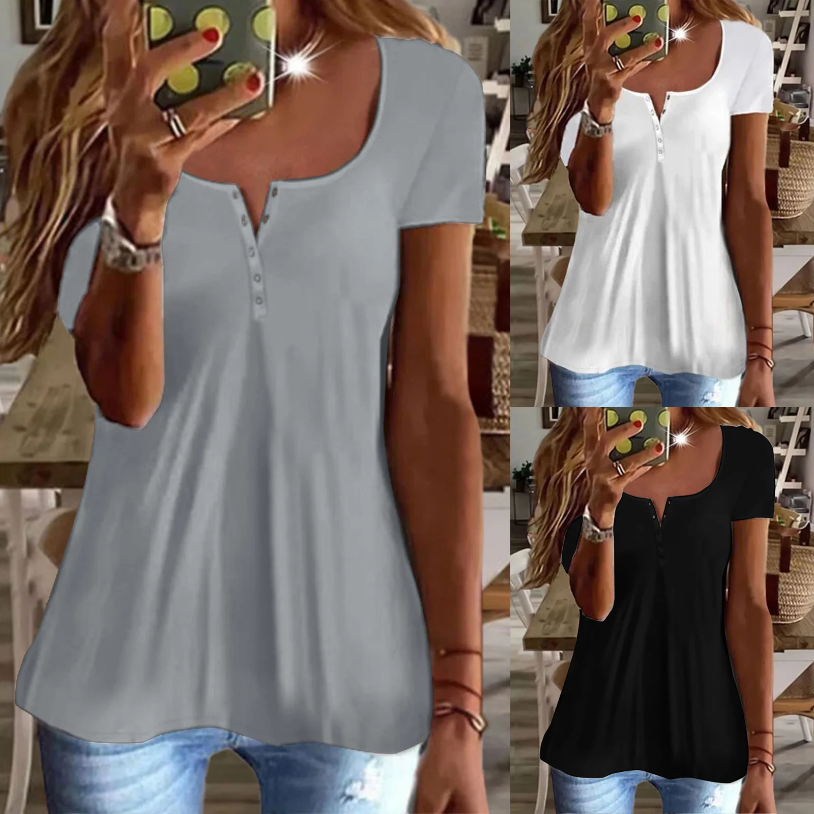 

2022 New Summer Women's Casual Loose Solid Color Short-sleeved Top T-shirt Woman Fashion All-match Tops Female & Lady Clothing