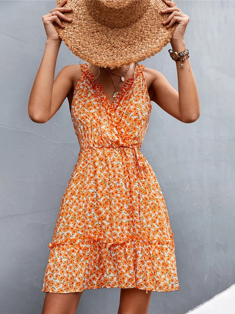 

Elegant Floral Print Dress For Woman Sling V Neck Mini Skirt Summer Party A Line Women's Dresses Elastic Waist Holiday Sundress