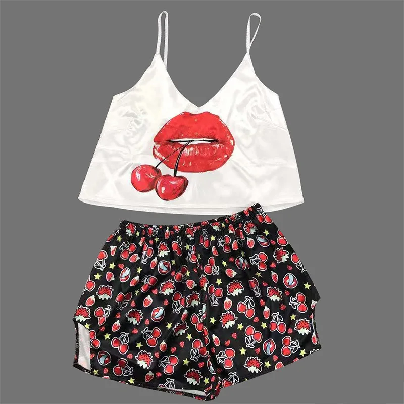 New Sexy Pijamas Women Pajama Set Silk Home Suit Animal Print V Neck Pyjama Woman Strao Loose Sleepwear Kigurumi Unicorn Cat