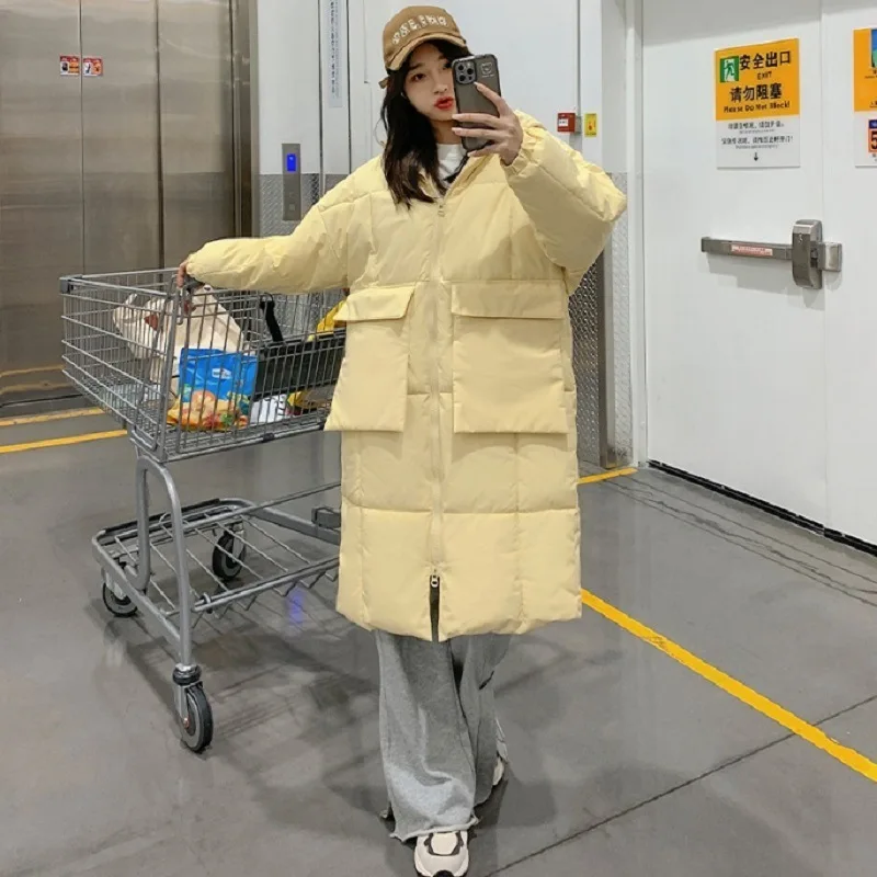 Winter Korean version of bread clothes For Women Pregnant loose thickened padded coat cream yellow hooded large pocket long coat