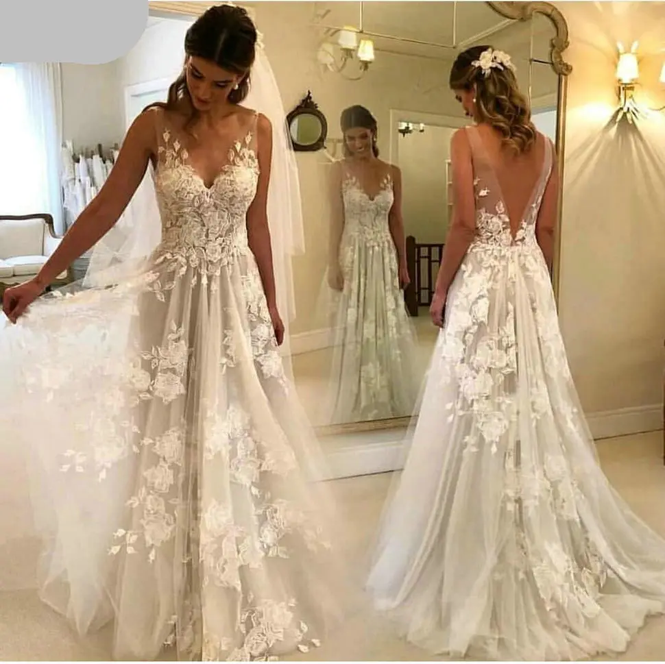 

Boho A Line Wedding Dresses Lace Appliques V Neck Sleeveless Tulle Backless Wedding Gowns Robe De Mariee Sweep Train Bride Gown