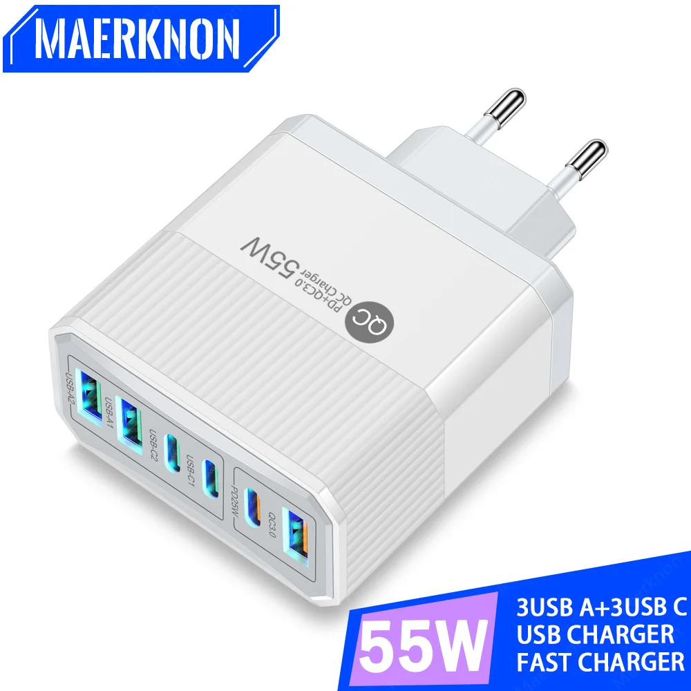 

55W USB C Charger Multi Port Fast Charging Phone Charger Adapter For iphone Xiaomi Samsung Oneplus 6 Port PD Type C Wall Charger