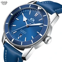automatic mechanical watch elegant leather strap blue dial classic business man clock male business style casual wristwatch