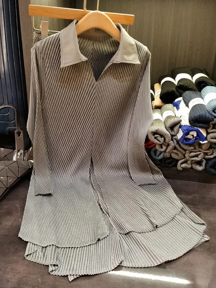 

Miyake Original Temperament Commuter Dragon Scale Suit Female Autumn Solid Lapel Shirt Casual Pants Two-piece Suit Plus Size