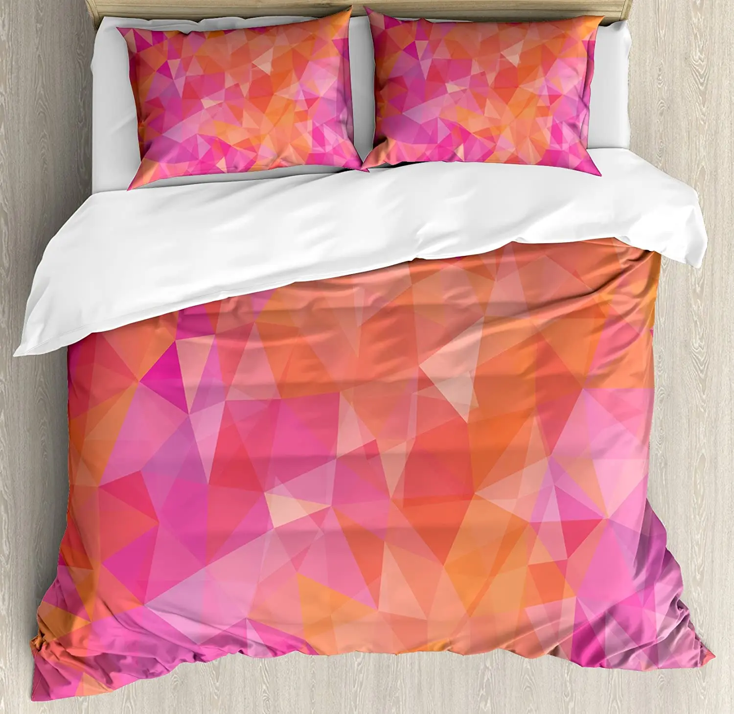 

Orange and Pink Bedding Set Comforter Duvet Cover Pillow Shams Polygonal Composition with Triangles Bedding Cover Double Bed Set