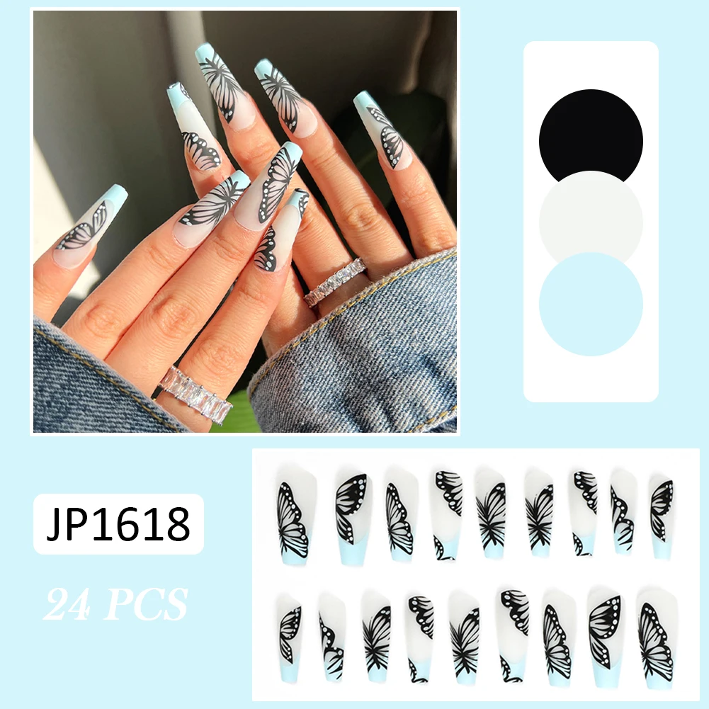 

2022 24 шт длинный пресс на ногтях черная бабочка печать Французский стиль полное покрытие ногтей с желейным гелем/клей законченный гвоздь