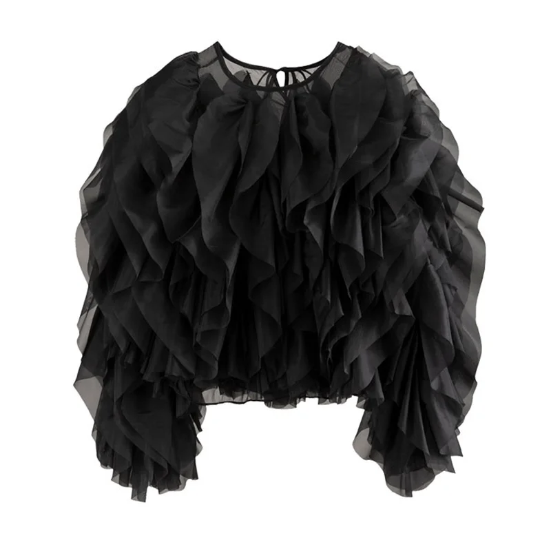 Vintage Patchwork Ruffle Shirt For Women O Neck Lantern Long Sleeve Solid Elegant Blouse Female Fashion New Style