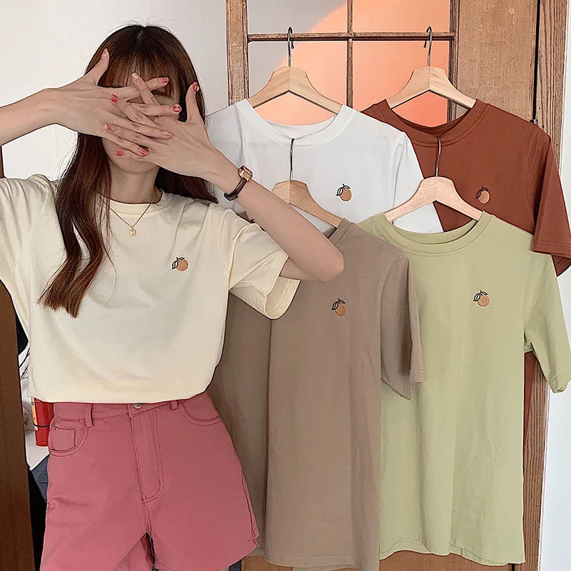 

Женская хлопковая футболка с коротким рукавом, оранжевая свободная футболка с вышивкой, лето 2022