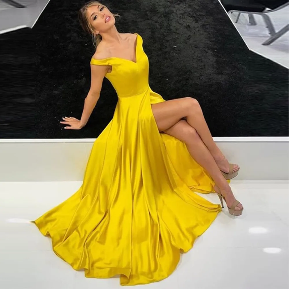 

Off Shoulder Yellow Prom Dress Simple Satin High Slit Party Gowns Long Vestido De Formatura Special Occasion Evening Prom Dress