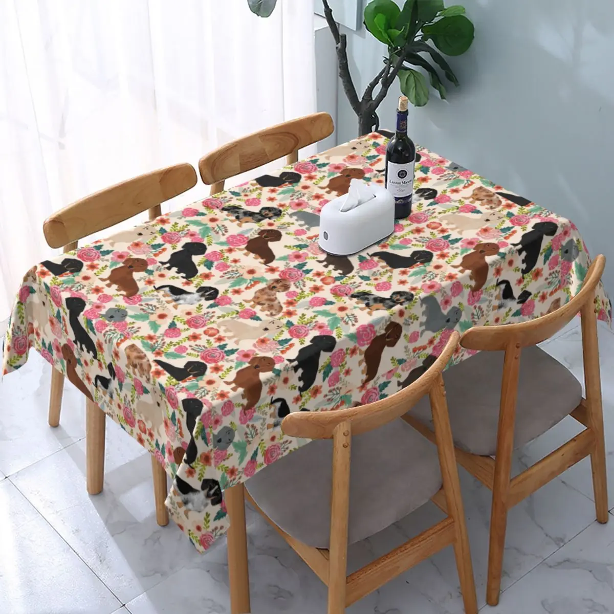 

Rectangular Waterproof Oil-Proof Dachshund Floral Dog Patterns Tablecloth Backed Table Cover 45"-50" Badger Sausage Table Cloth