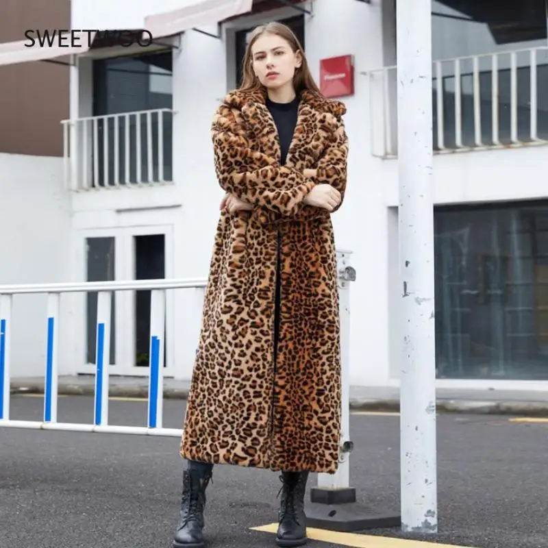 Fashion Faux Fox Fur Coat Women 2021 Winter Casual Spliced Leopard Print Fur Jacket Female Thick Warm Mid-Long Plush Outerwear