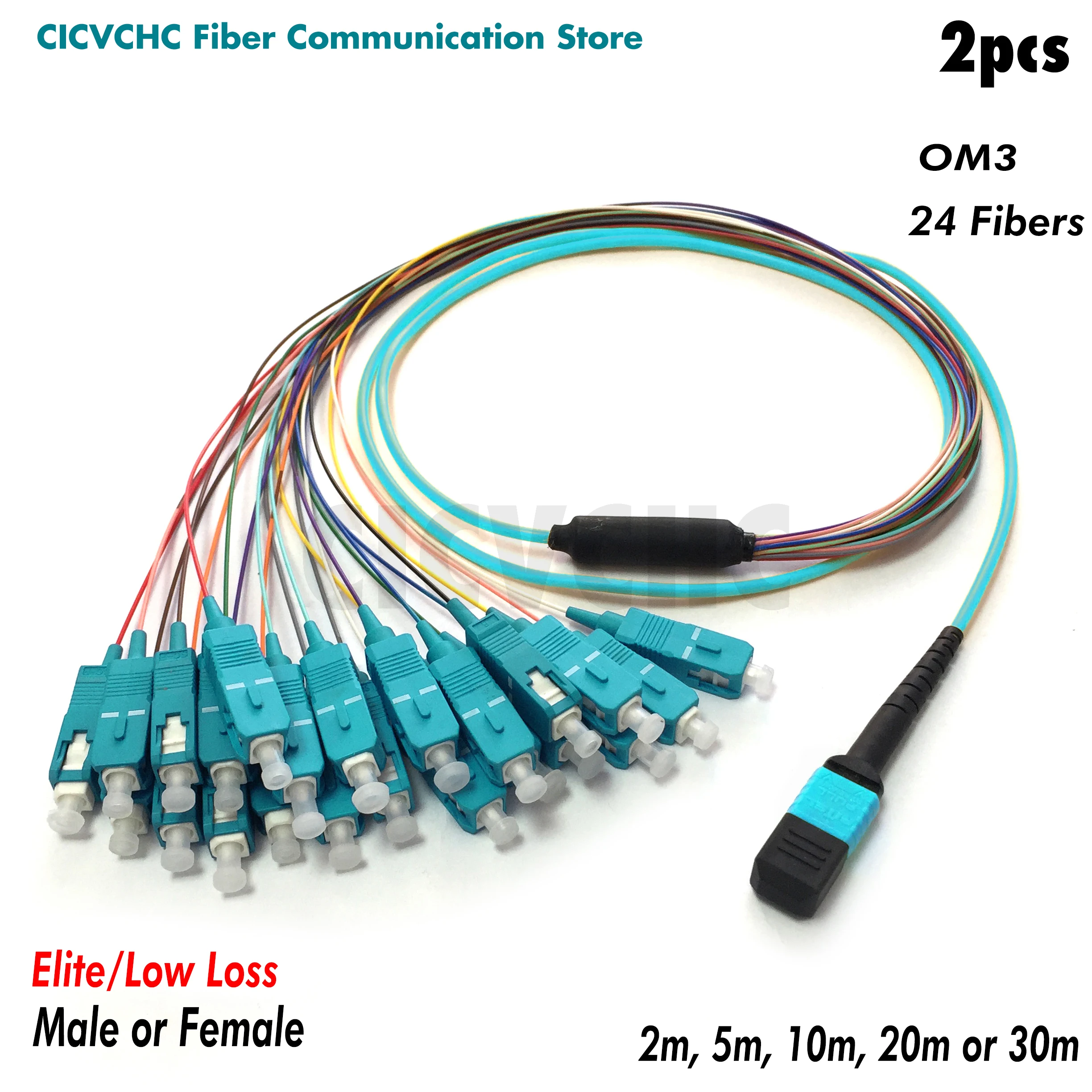 2pcs 24 fibers-MPO/UPC Fanout SC/UPC -OM3-300-Elite/Low loss-Male/Female with 0.9mm-2m to 10m/MPO Assembly