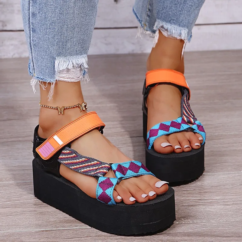 

Women Platform Shoes Spell Color Beach Holiday Sandals Print Totem Velcro Fashion Shoes Light Retro Summer Women Shoes босоножки