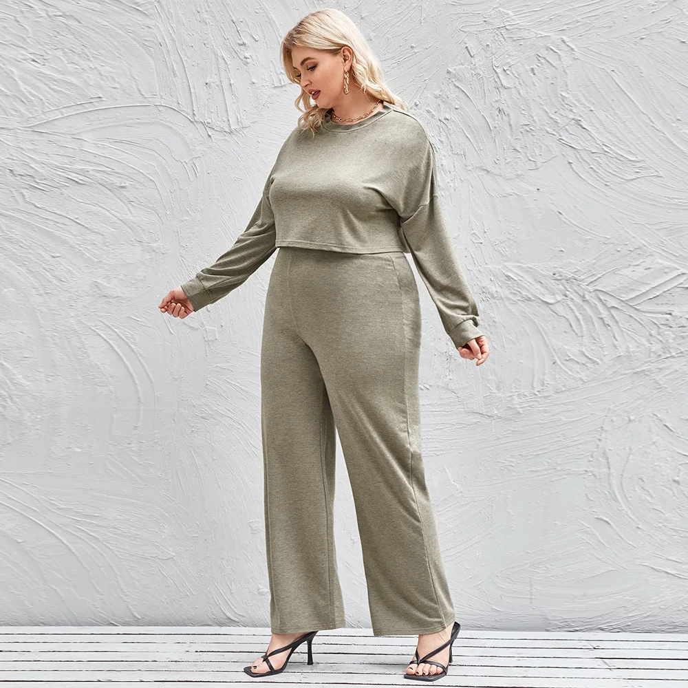 Plus Size Matching Sets Two Piece Sets Womens Outifits Winter Office Lady Solid Long Sleeve O-Neck Elastic Waist Slight Strech
