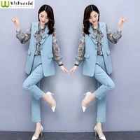 fashionable womens suit slim 2022 spring and autumn new korean version of foreign style printed shirt three piece set