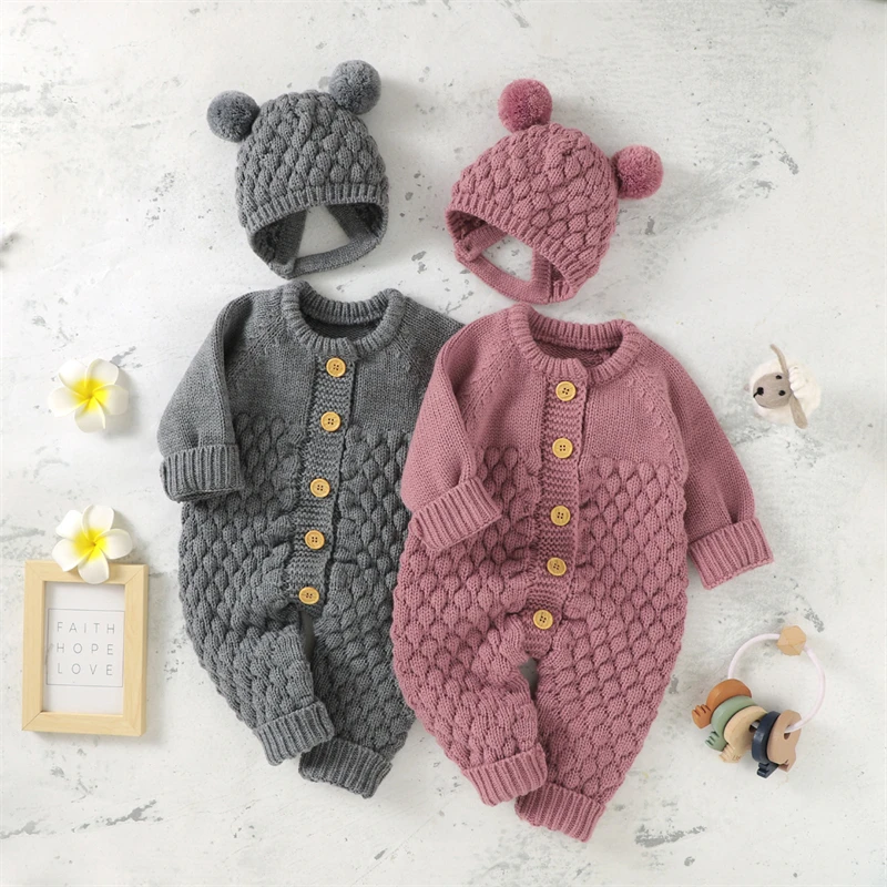 2 Pcs Newborn Girls Boy Knit Jumpsuit Caps Set Solid Color Long Sleeve Toddler Baby Coveralls Baby Romper Hood Clothes Set