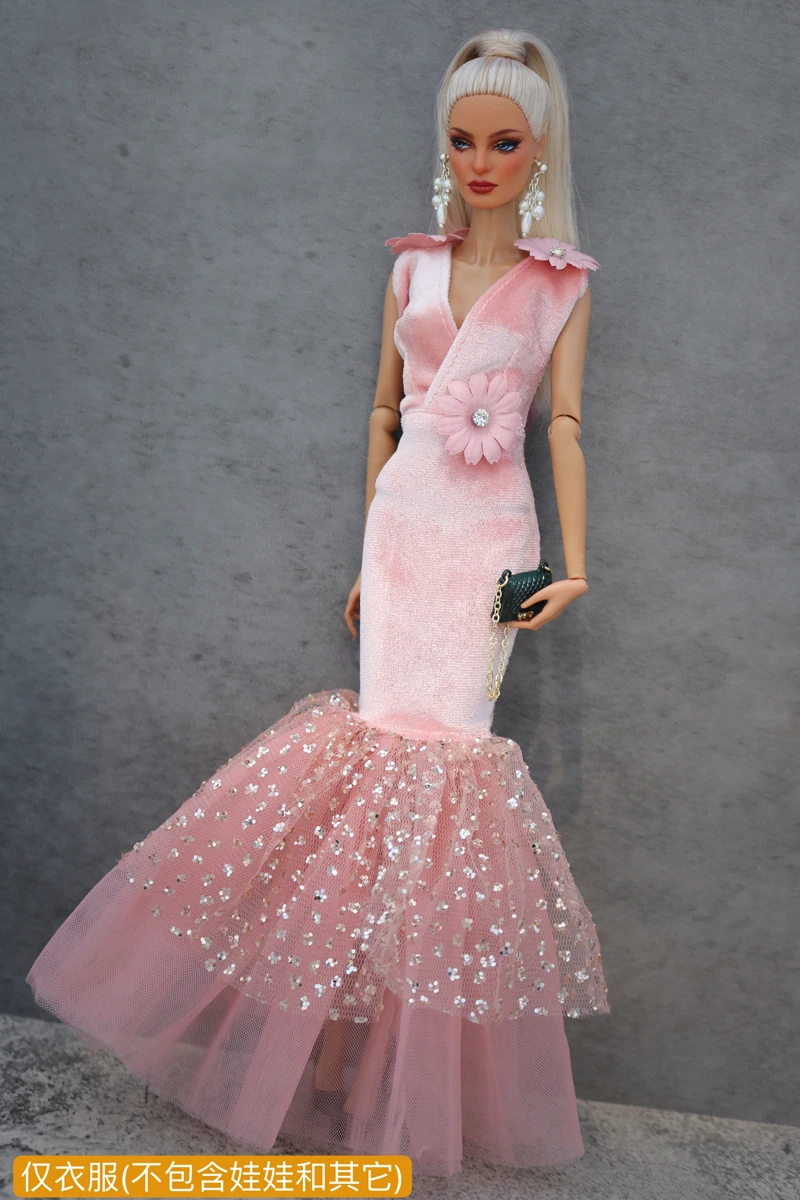 Pink mermaid dress / lace evening gown / handmade 30cm doll 