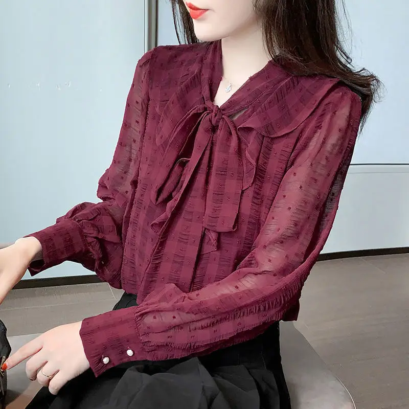 

Elegant V-Neck Lantern Sleeve Spliced Ruffles Bow Chiffon Shirt Commute Tops Summer and Autumn Sweet Women's Clothing Blouses