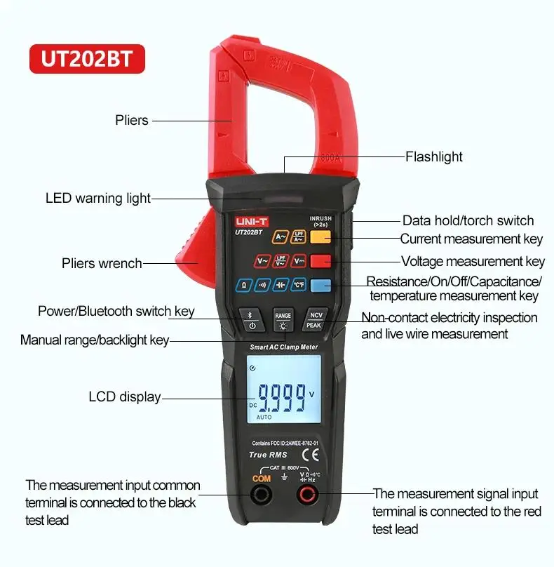 Цифровой измеритель-зажим UNI-T UT202S UT202BT 600 А плоскогубцы переменного тока