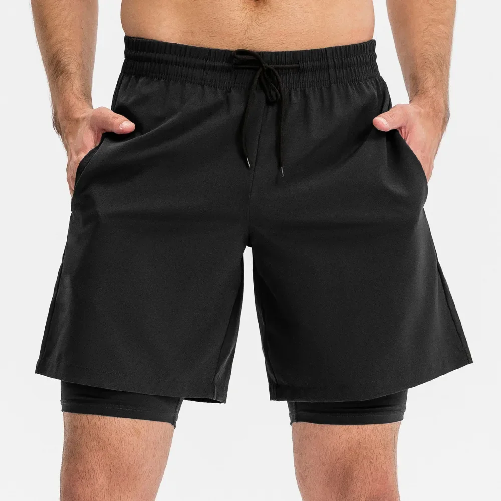 

lul Men's fake two-piece fitness shorts, tight high elasticity running training pants, quick drying double layer sports pants