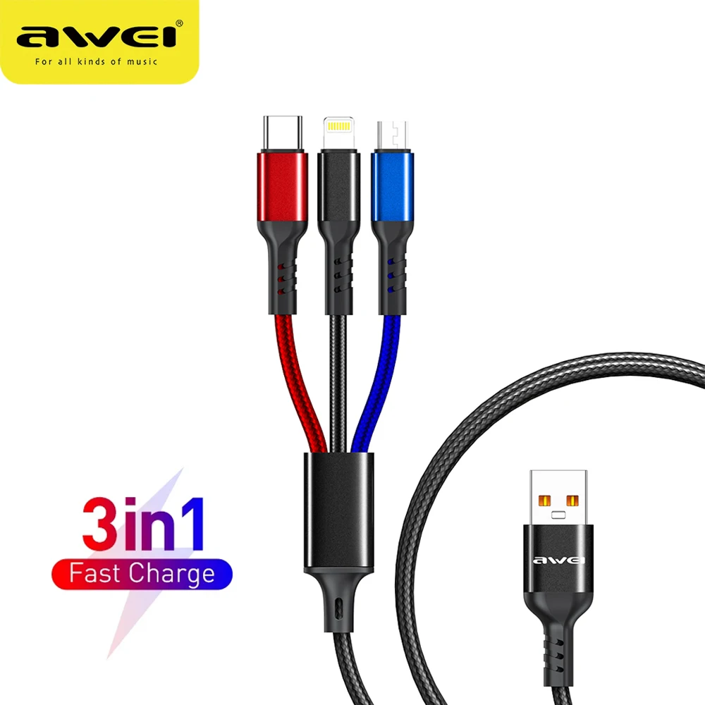 

AWEI Type C Lightning Micro 3 in 1 USB Cable For iPhone 13 12 11 Pro Max XR Xiaomi Huawei Samsung Phone PD Fast Charge Data Cord