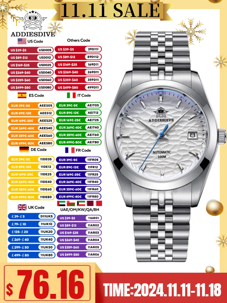 ADDIESDIVE AD2118 часы для мужчин 100 м водонепроницаемый юбилейный ремешок с сапфировым