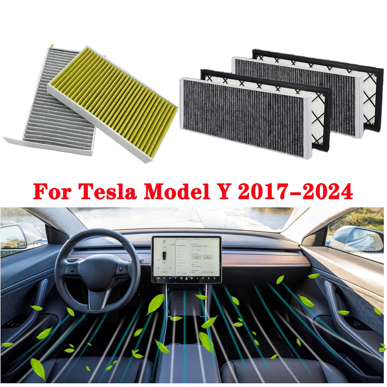 Фото Внутренний и внешний воздушный фильтр для Tesla Model Y 2024-2017, сменный HEPA-фильтр для воздухозаборника с активированным углем №1