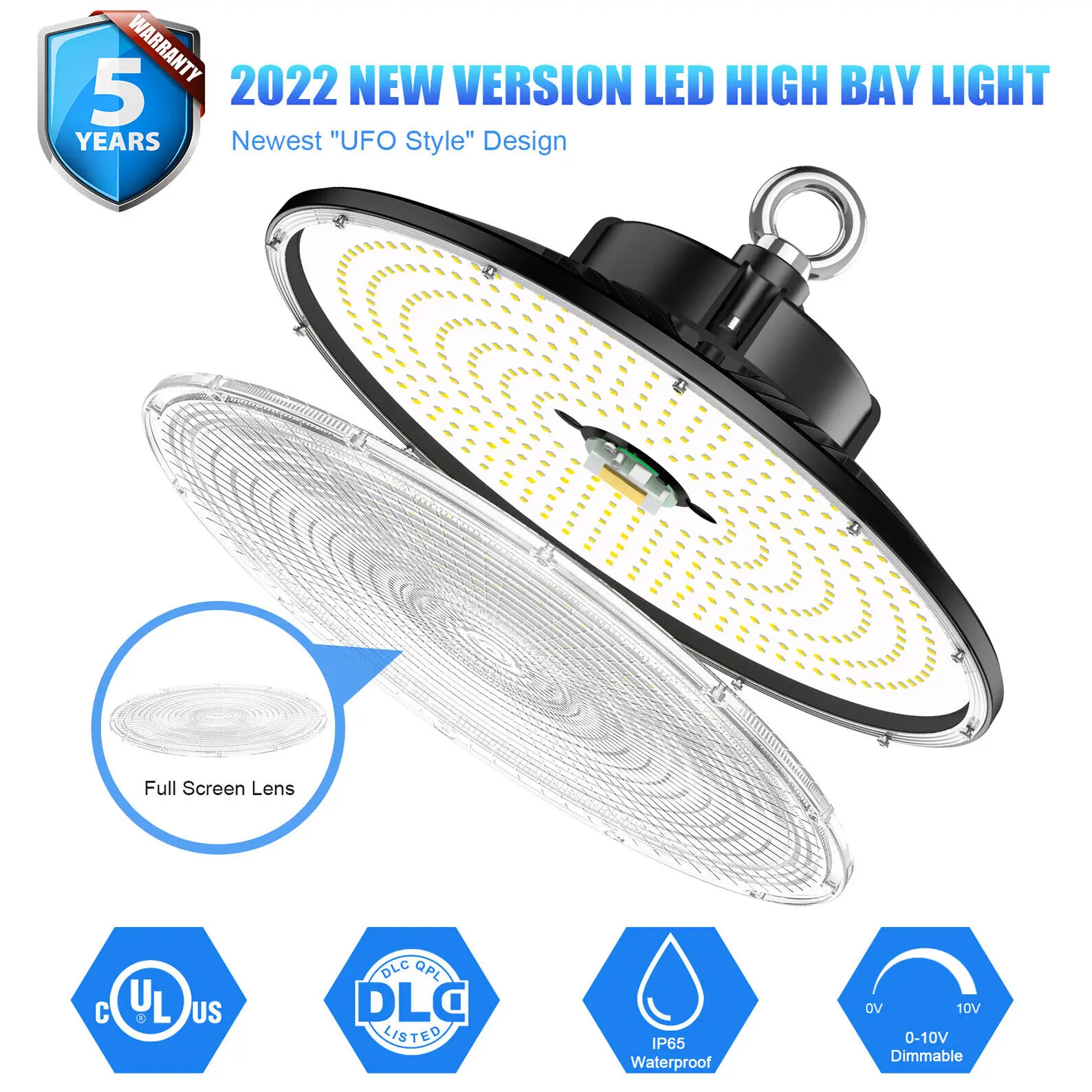 

UFO LED High Bay Light,100W 150W 200W 240W Warehouse Lighting UL/DLC Listed,0-10V Dimmable,6ft Cable,5000K, IP65 Waterproof