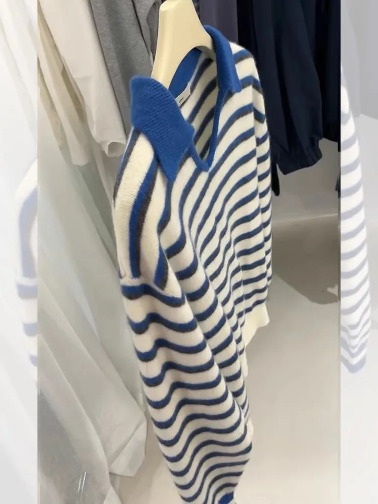 Высококачественный пуловер с лацканами в синюю полоску женский осенне-зимний