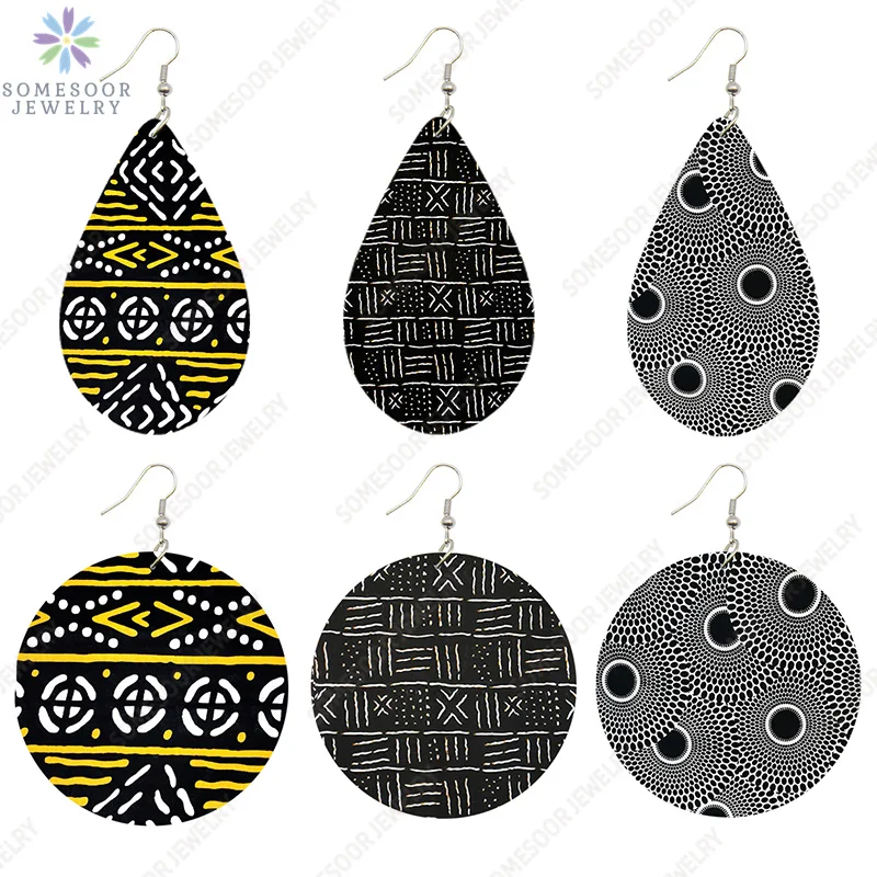 

SOMESOOR Fashion African Fabric Print Design Wooden Earrings For Women Gifts Teardrop Round Pendant Dangle Bohemian Wood Jewelry