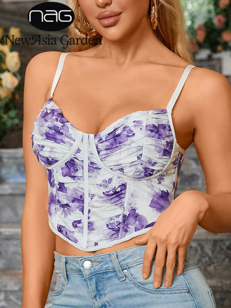 NewAsia Print Crop Top Floral Ruched Boned Pads Underwire Double Layers Lining Elastic Camis Top Low Cut  V Neck Sexy Corset Top