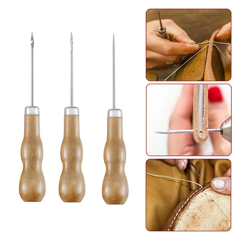 

3PCS/SET Wooden Handle Sewing Awl Hand Stitcher Leather Sewing Tool DIY Shoes Repair Hook Tool Leathercraft Accessories