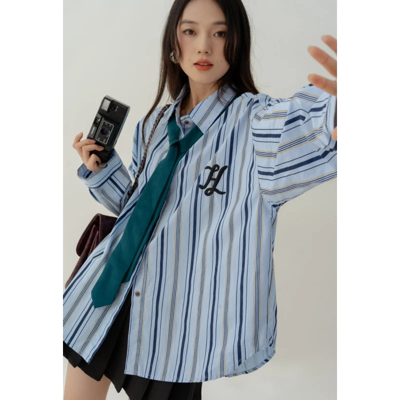 

Женская одежда, голубая рубашка в полоску, американская мода, свободный винтажный Топ для отдыха на осень, новинка, однобортный Топ с длинным рукавом