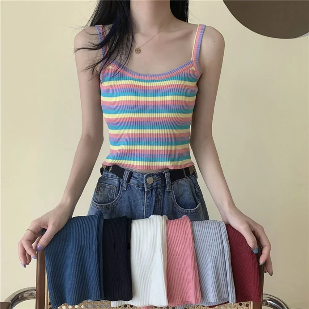

women short tops summer Rainbow Striped Knitted basic Shirt vest ins street Sleeveless Suspender outwear vintage Travel tank