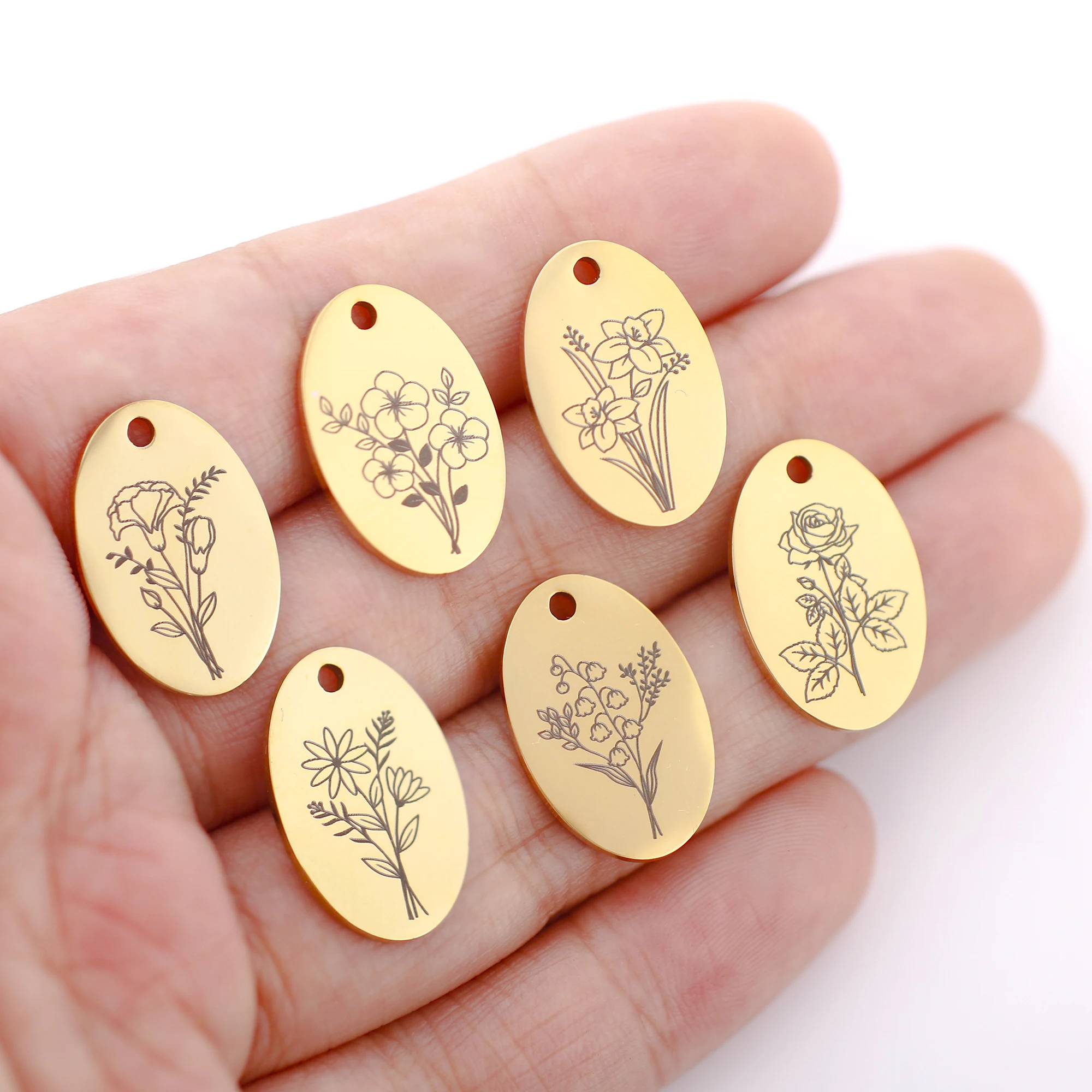 

5Pcs Oval Birth Month Flower Pendants Stainless Steel Dainty Floral Disc Charms Lotus/Marigold/Rose Diy Necklace Jewelry Making