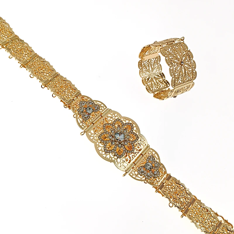 

Chain Morocco Wedding Jewelry Ladies Robe Belt White Stone Metal Flower Arabian Bridal Cuff Bracelet Bridal Gift