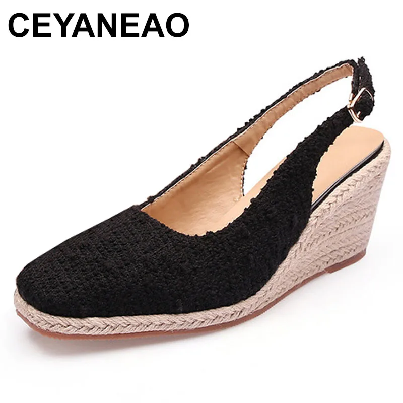 

Women Sandals New Summer Wedge Espadrilles Heel Thick Bottom Square Toe Toe Shoes High-heeled Straw Woven Hemp Bottom