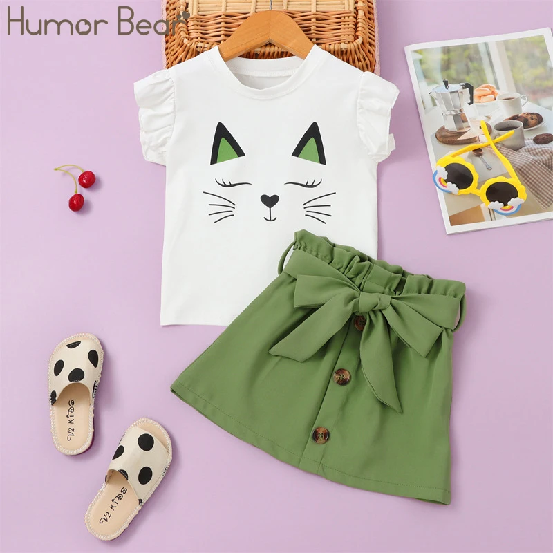 

Humor Bear Girl Clothes Set 2022 Summer Flying Sleeve Cartoon Top+ Belt Bow Skirt 2Pcs Fashion Suit Kid Clothes
