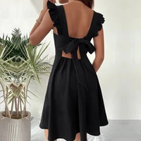 summer sexy backless bow lacing short dress black square neck ruffle sleeve mini dress ladies high waist slim casual beach dress