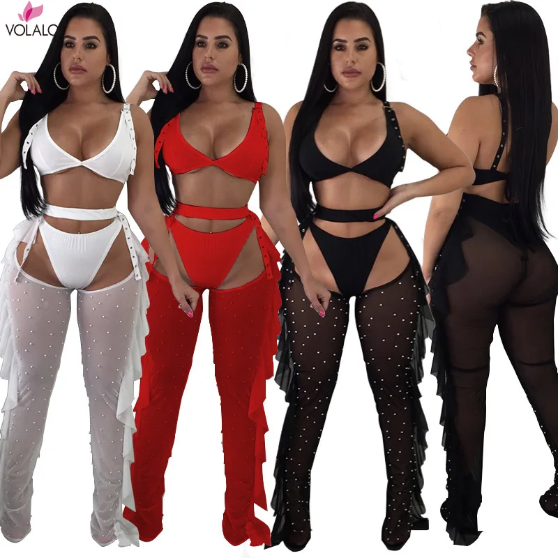 

VOLALO Sexy 3 Piece Set Bra Top Thongs Pearls Ruffle Sheer Mesh Pants Night Club Outfits Fashion Bikini Trousers Suit 3 Colors