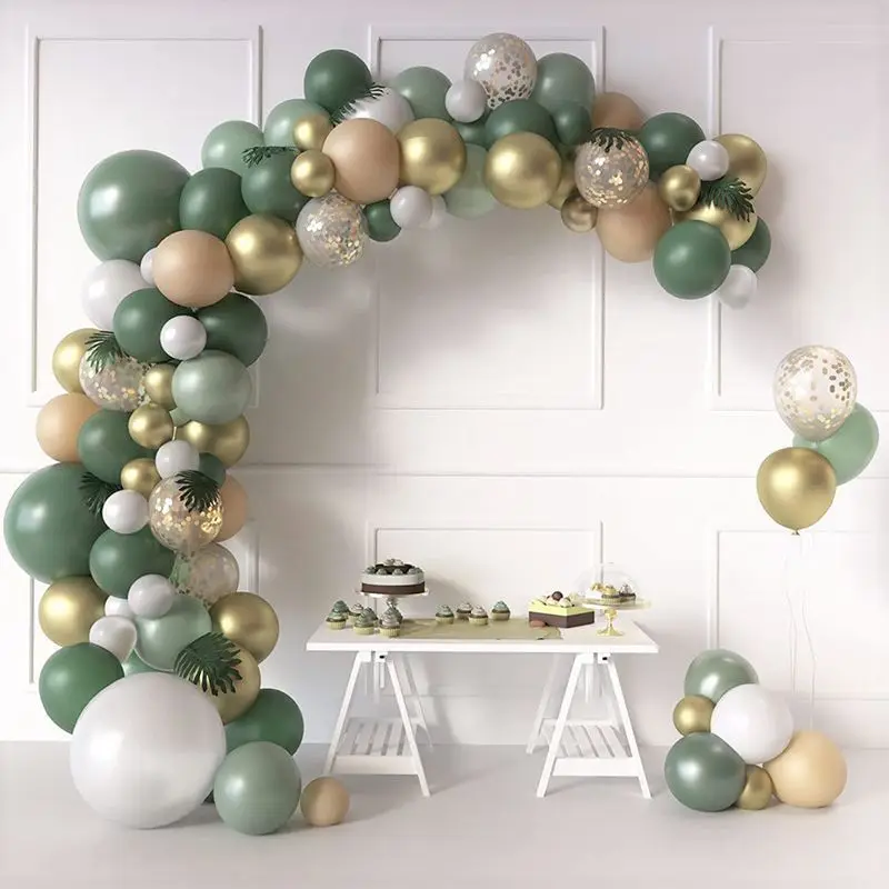 

JOLLYBOOM Retro Bean Green Balloon Arch Set Party Decoration with Artificial Palm Leaves for Weeding Birthday Party Supplies