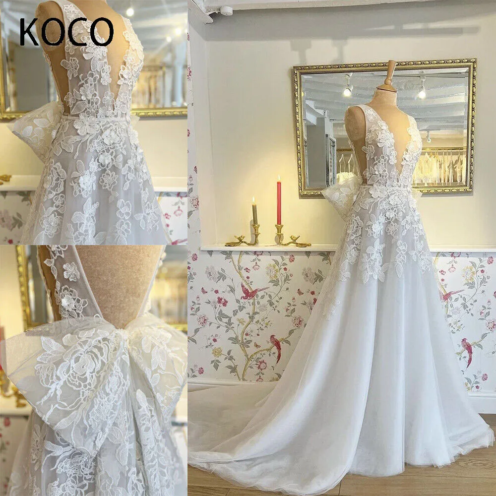 

MACDOUGAL V Neck Wedding Dresses With Bow Lace Appliques Sweep Train Backless Bridal Gown vestido de noiva robe de mariée Custom