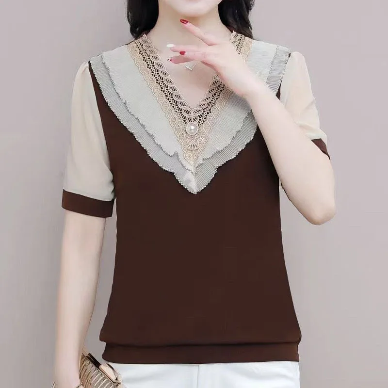 

Elegant Fashion Women's Lace Spliced Short Sleeve Chiffon Blouse Summer Female Clothing Korean Casual Beading V-Neck Shirt