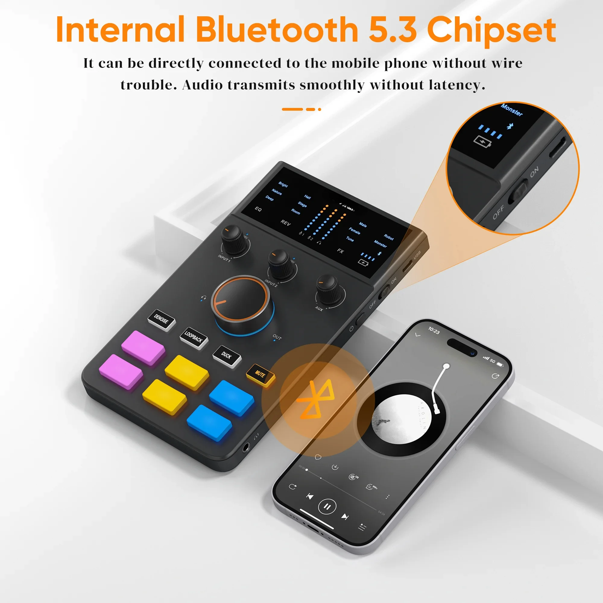 Фото Аудиоинтерфейс ADCaster C1, Bluetooth-подключение для стриминга/игр/подкастинга, звуковая карта для iMAC, iPhone, Android №2