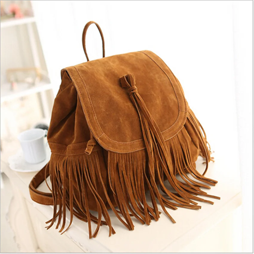 

2023 New Women Tassel Backpacks Girls Vintage Suede Shoulder School Bags Travel Backbags Mochilas Sac A Dos