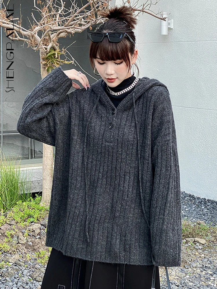 

SHENGPALAE Women's Sweater Fashionable Hooded Design Long Sleeve Solid Knitwear Korean Female Clothes Autumn 2022 New 5WA127