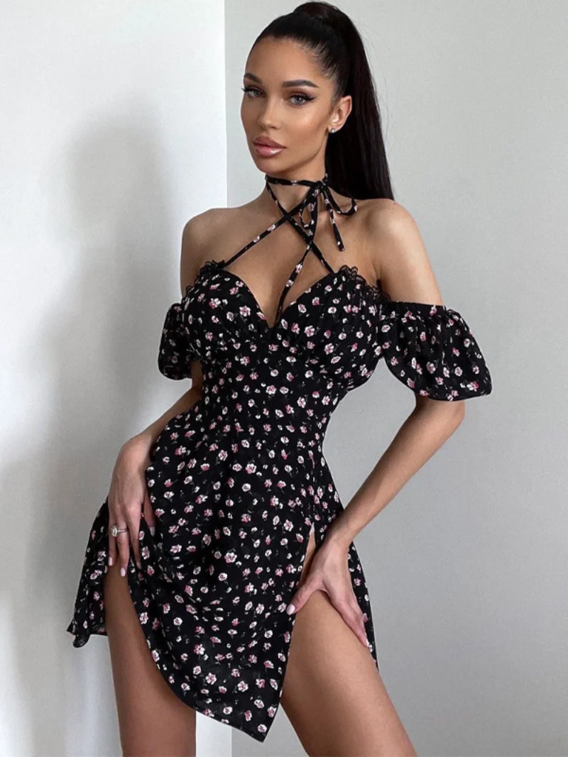 

Женские летние бандажные платья с коротким рукавом и цветочным принтом, уличная одежда 2023, туники с высокой талией, милое женское короткое платье